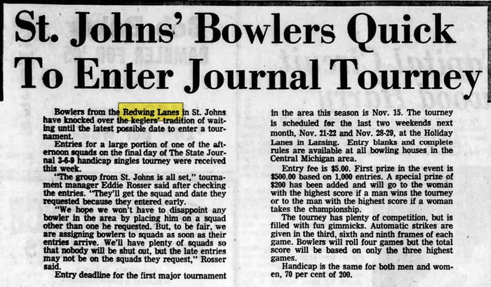 Redwing Lanes (Redwing Bowling Lanes) - Oct 23 1964 Article (newer photo)